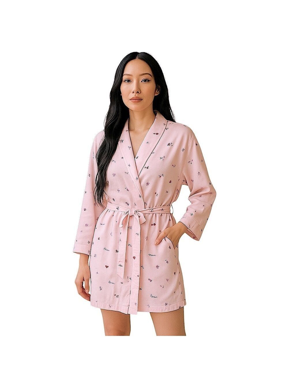 VTG La Senza Pink Kimono Robe Sz L/XL Floral Heart Love Bloom Short Lounge wear